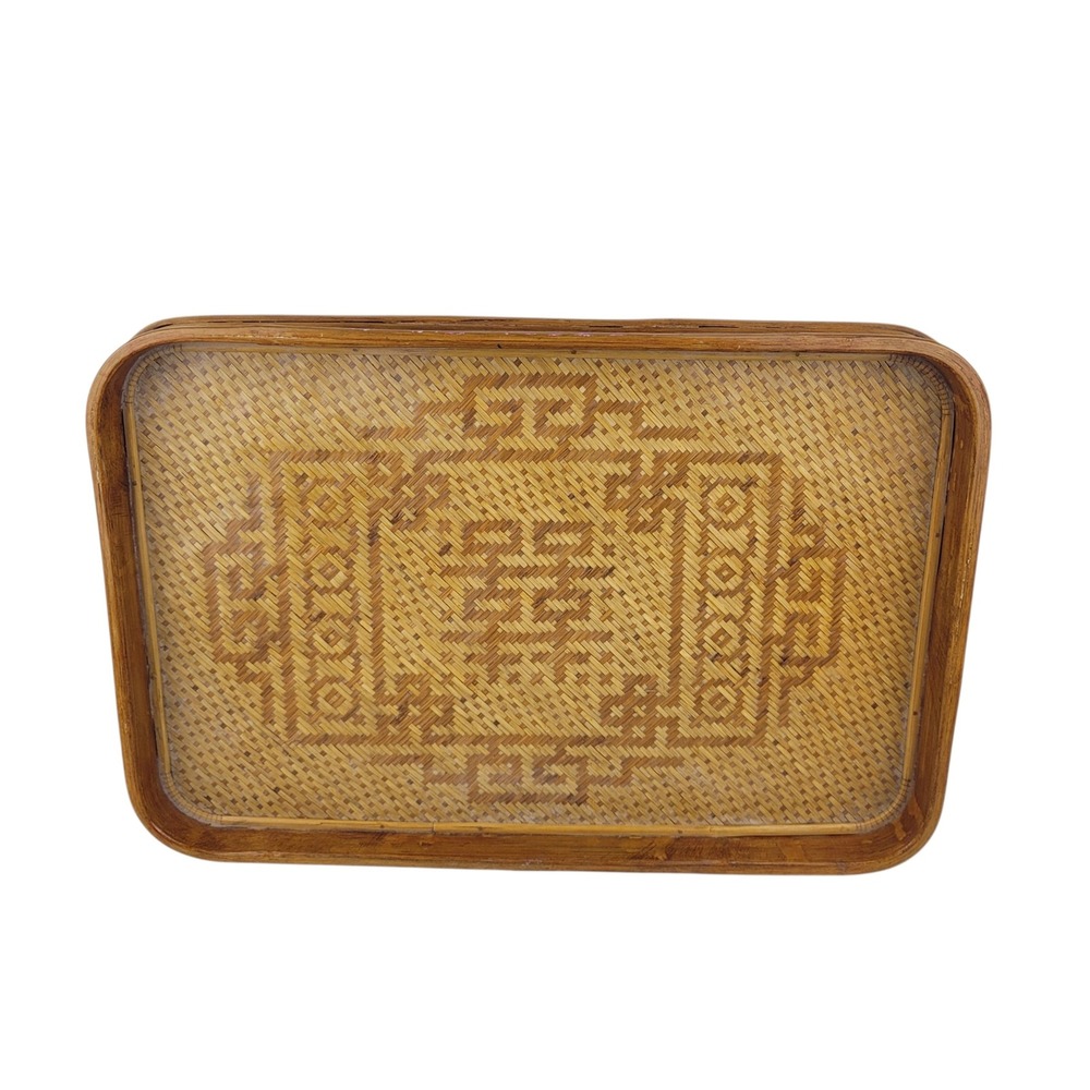 Vintage Woven Bamboo Serving Tray Rectangular Filigree Accent‎ 18x12